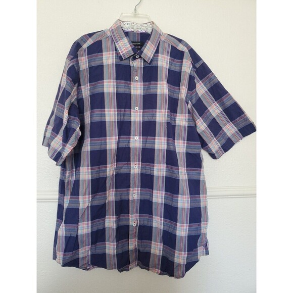 Bugatchi Men's Blue Plaid Cotton Short Sleeve Shirt Classic Fit Large - Picture 1 of 16